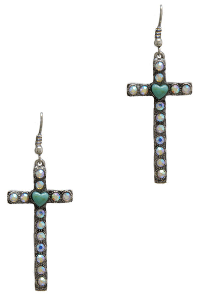 Metal Heart Cross Dangle Earrings - Pink Krush