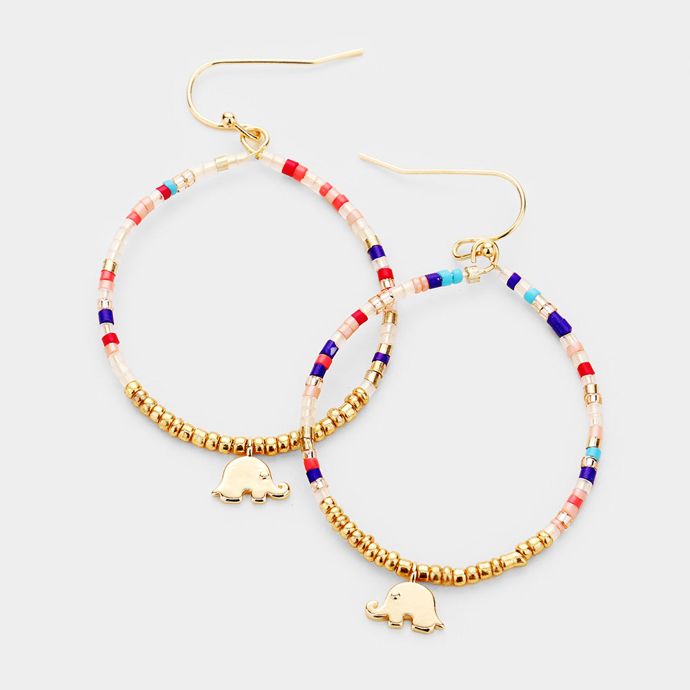 Small Beaded Elephant Hoop Earrings - Pink Krush
