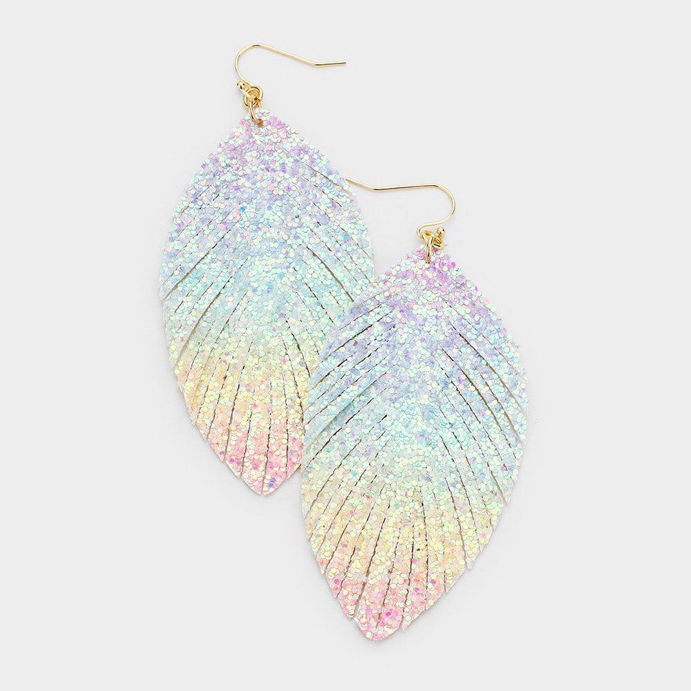Rainbow Glitter Leather Leaf Earrings - Pink Krush