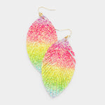 Rainbow Glitter Leather Leaf Earrings - Pink Krush