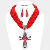 Red Stone Cross Necklace Set
