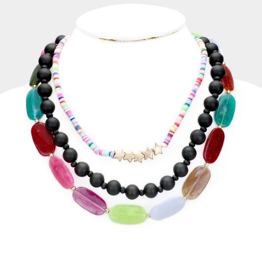 Colorful Wood Layered Necklace - Pink Krush
