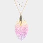 Rainbow Glitter Leather Leaf Necklace Set - Pink Krush