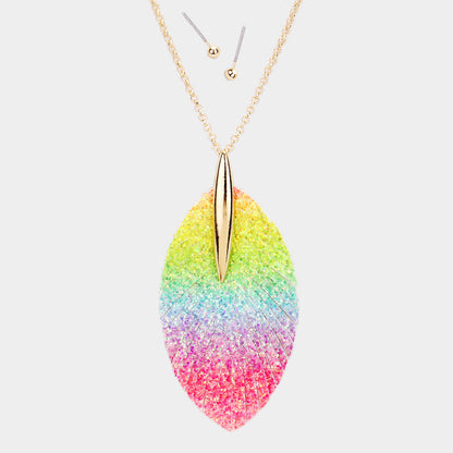Rainbow Glitter Leather Leaf Necklace Set - Pink Krush