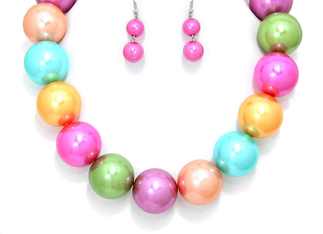 Multi Color Large Ball Necklace Set - Pink Krush