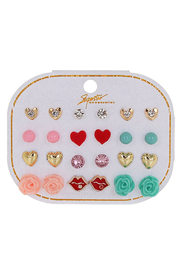 Lips, Hearts, Flower 12pk Earrings - Pink Krush