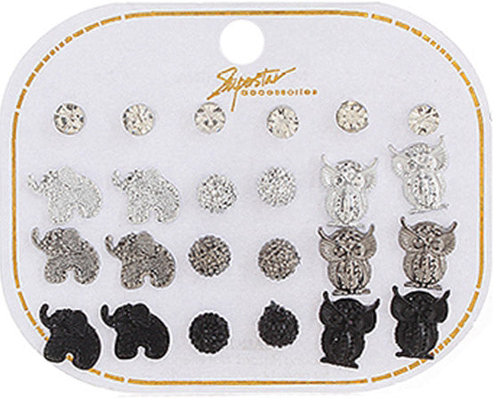 Owls and Elephants 12pk Earrings - Pink Krush